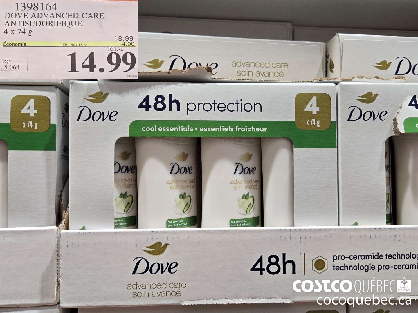 1398164 DOVE ADVANCED CARE ANTISUDORIFIQUE 4x74 ($4.00 INSTANT SAVINGS EXPIRES ON 2024-12-22) $14.99