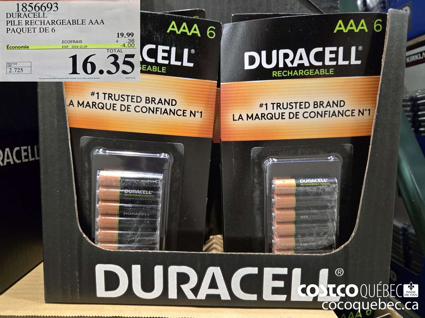 1856693 DURACELL PILE RECHARGEABLE AAA PAQUET DE 6  ($4.00 INSTANT SAVINGS EXPIRES ON 2024-12-29) $16.35