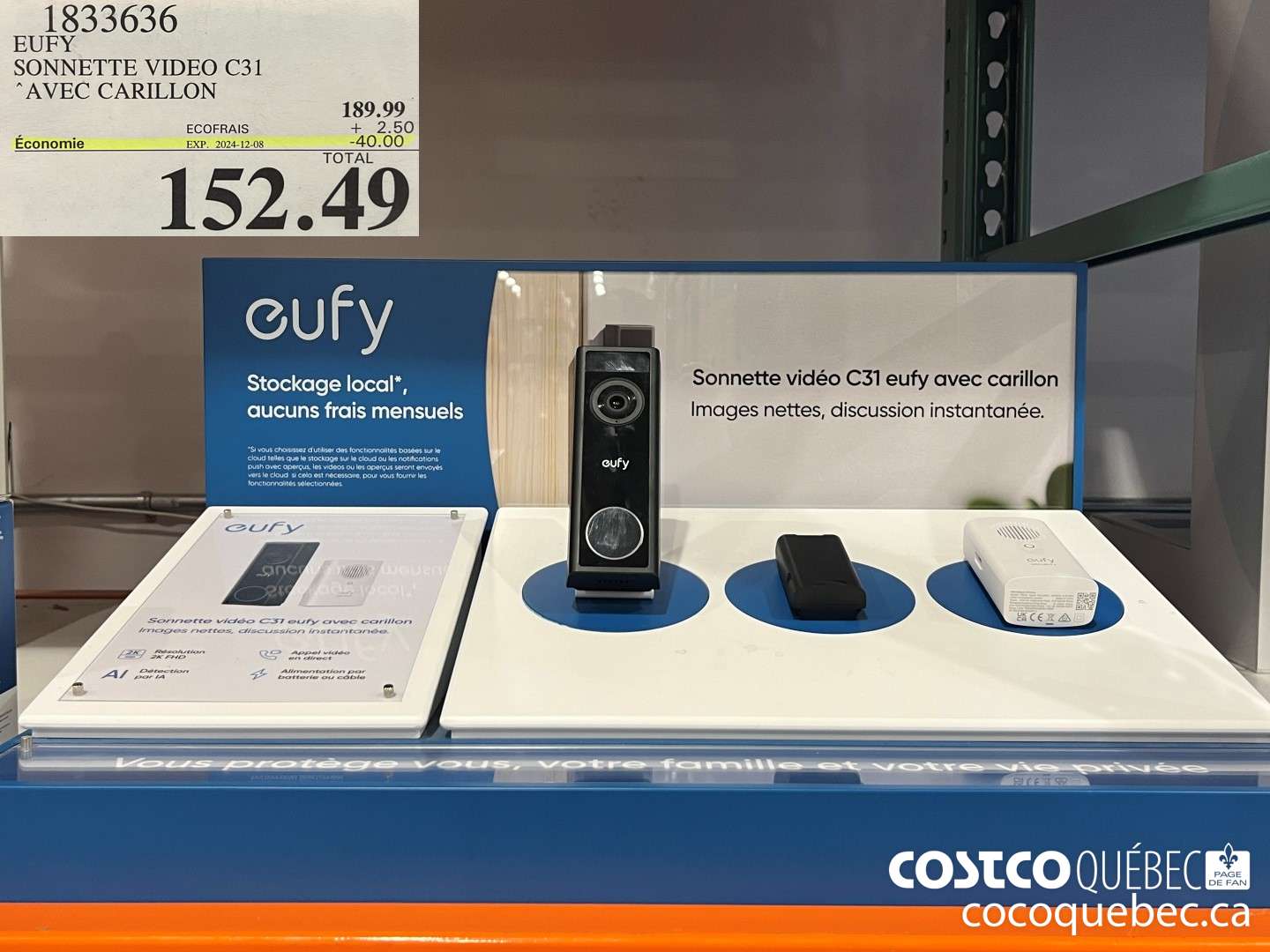 1833636 EUFY SONNETTE VIDEO C31 “AVEC CARILLON  ($40.00 INSTANT SAVINGS EXPIRES ON 2024-12-08) $152.49
