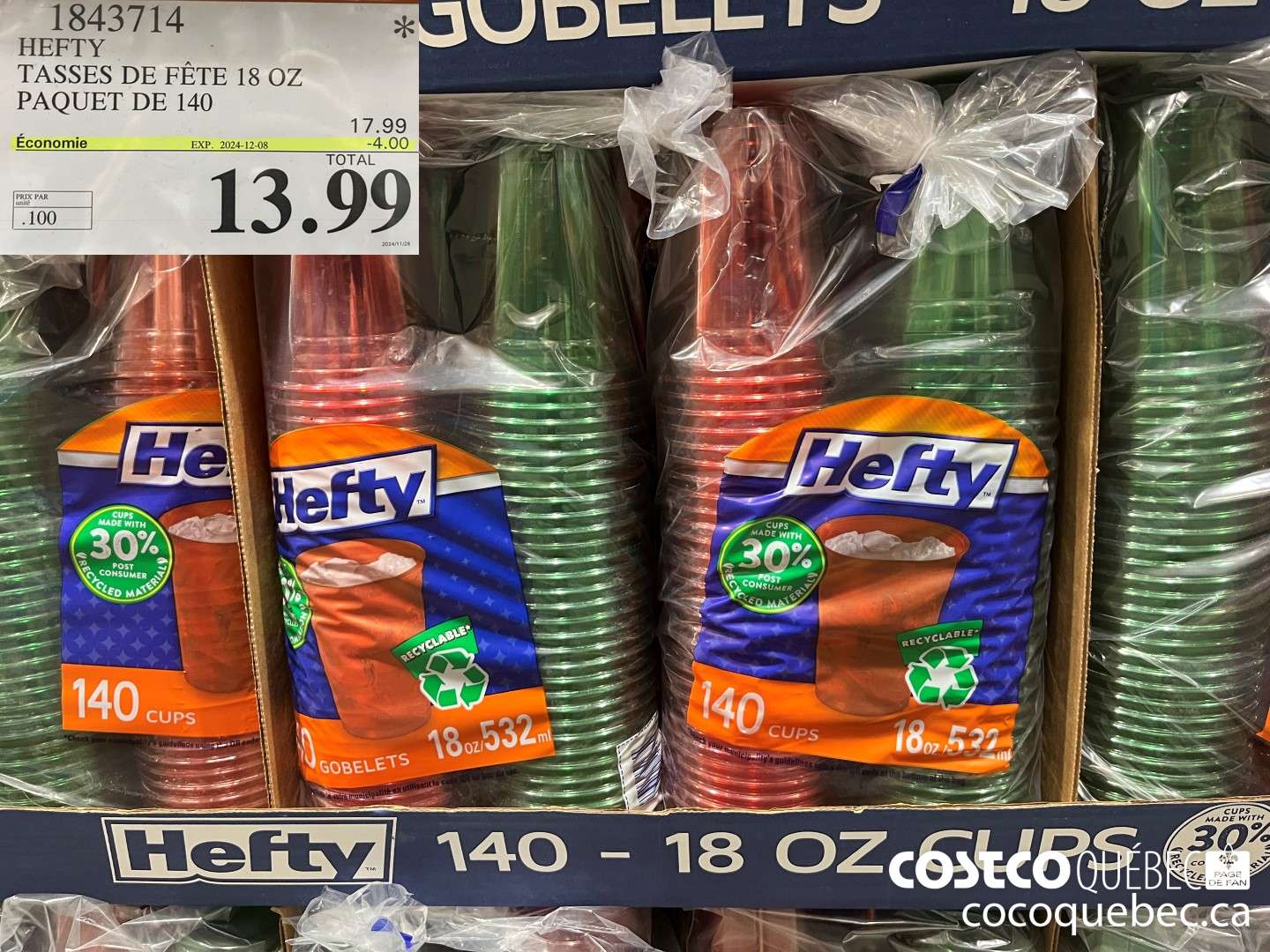 1843714 HEFTY TASSES DE FETE 18 OZ PAQUET DE 140  ($4.00 INSTANT SAVINGS EXPIRES ON 2024-12-08) $13.99