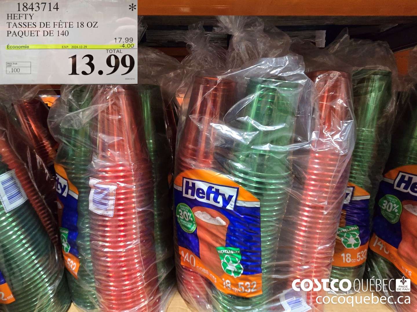 1843714 HEFTY TASSES DE FETE 18 OZ PAQUET DE 140  ($4.00 INSTANT SAVINGS EXPIRES ON 2024-12-29) $13.99