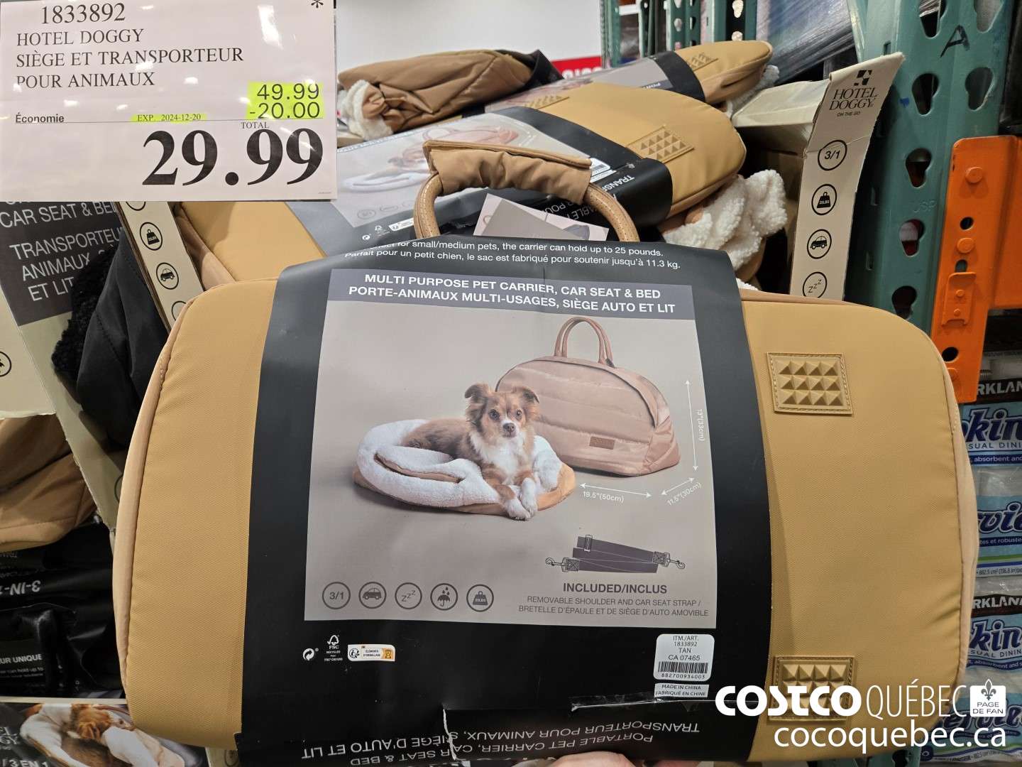 1833892 HOTEL DOGGY SIEGE ET TRANSPORTEUR POUR ANIMAUX  ($20.00 INSTANT SAVINGS EXPIRES ON 2024-12-20) $29.99
