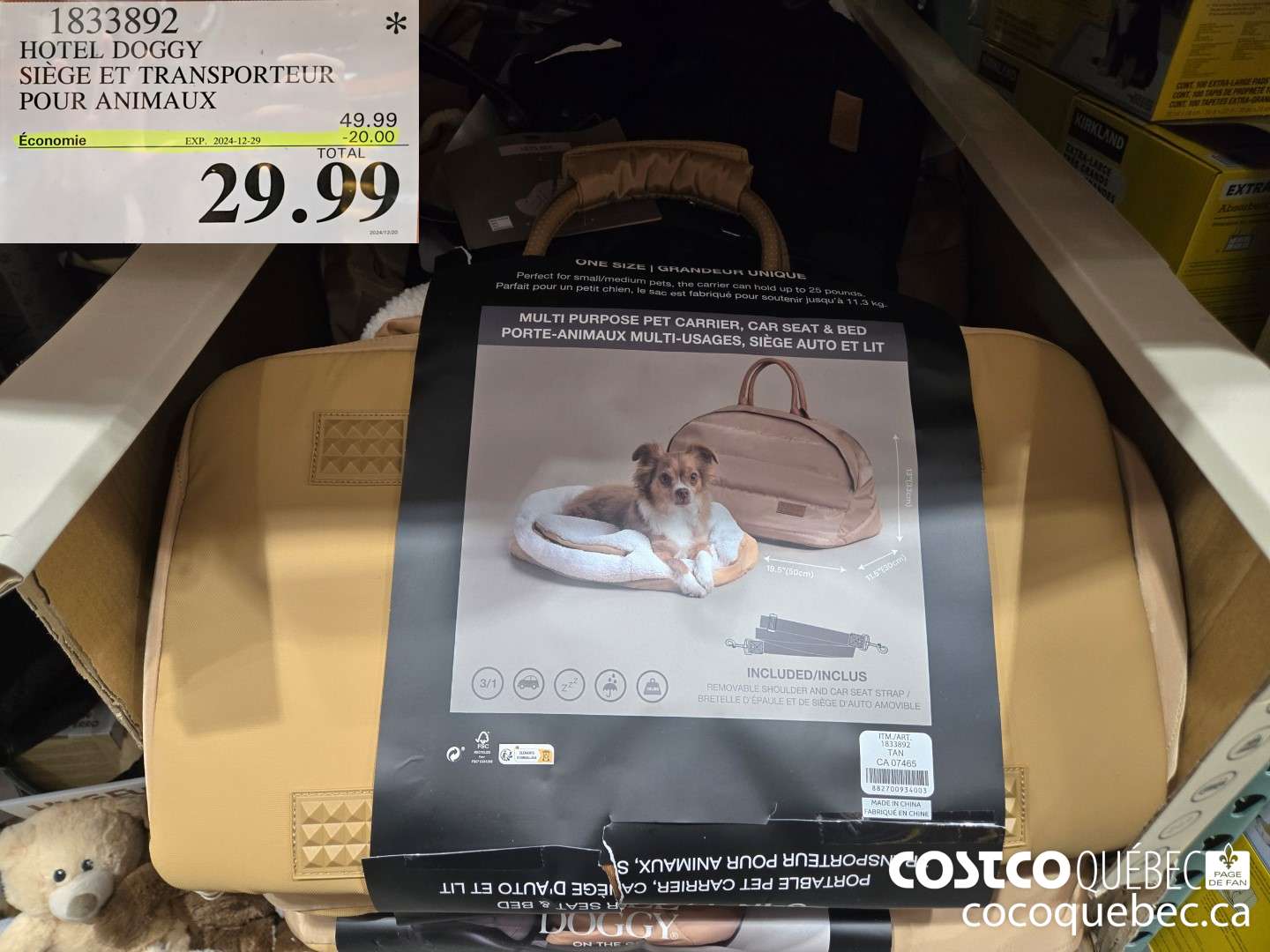 1833892 HOTEL DOGGY SIEGE ET TRANSPORTEUR POUR ANIMAUX  ($20.00 INSTANT SAVINGS EXPIRES ON 2024-12-29) $29.99