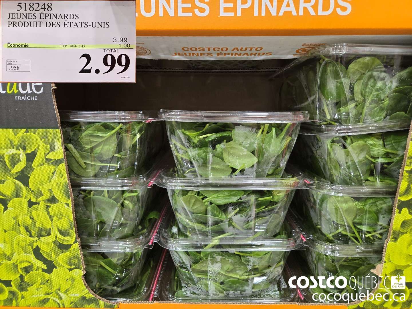 518248 JEUNES EPINARDS PRODUIT DU CANADA OU DES ETATS-UNIS ($1.00 INSTANT SAVINGS EXPIRES ON 2024-12-15) $2.99