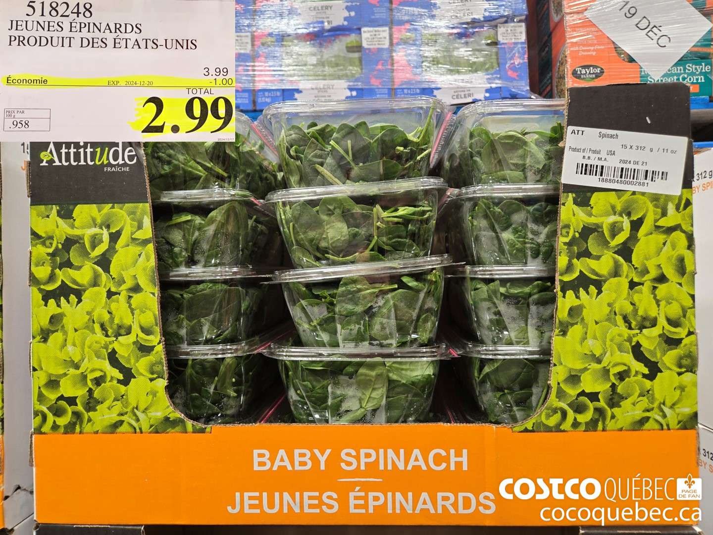 518248 JEUNES EPINARDS PRODUIT DU CANADA OU DES ETATS-UNIS ($1.00 INSTANT SAVINGS EXPIRES ON 2024-12-20) $2.99