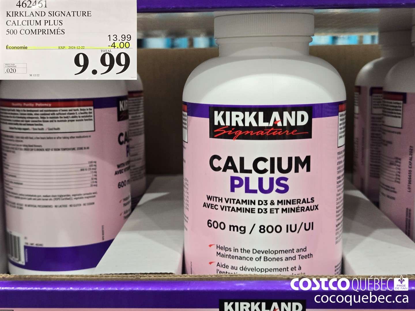 462461 KIRKLAND SIGNATURE CALCIUM PLUS 500 COMPRIMES  ($4.00 INSTANT SAVINGS EXPIRES ON 2024-12-22) $9.99