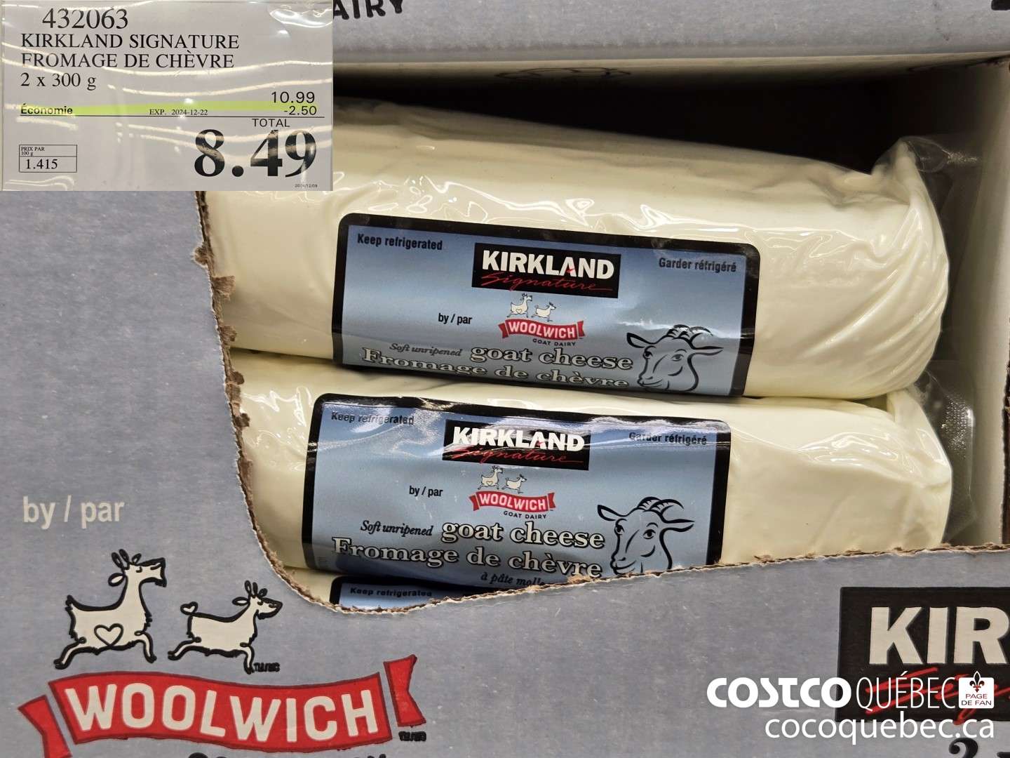 432063 KIRKLAND SIGNATURE FROMAGE DE CHEVRE 2 x 300 99.  ($2.50 INSTANT SAVINGS EXPIRES ON 2024-12-22) $8.49