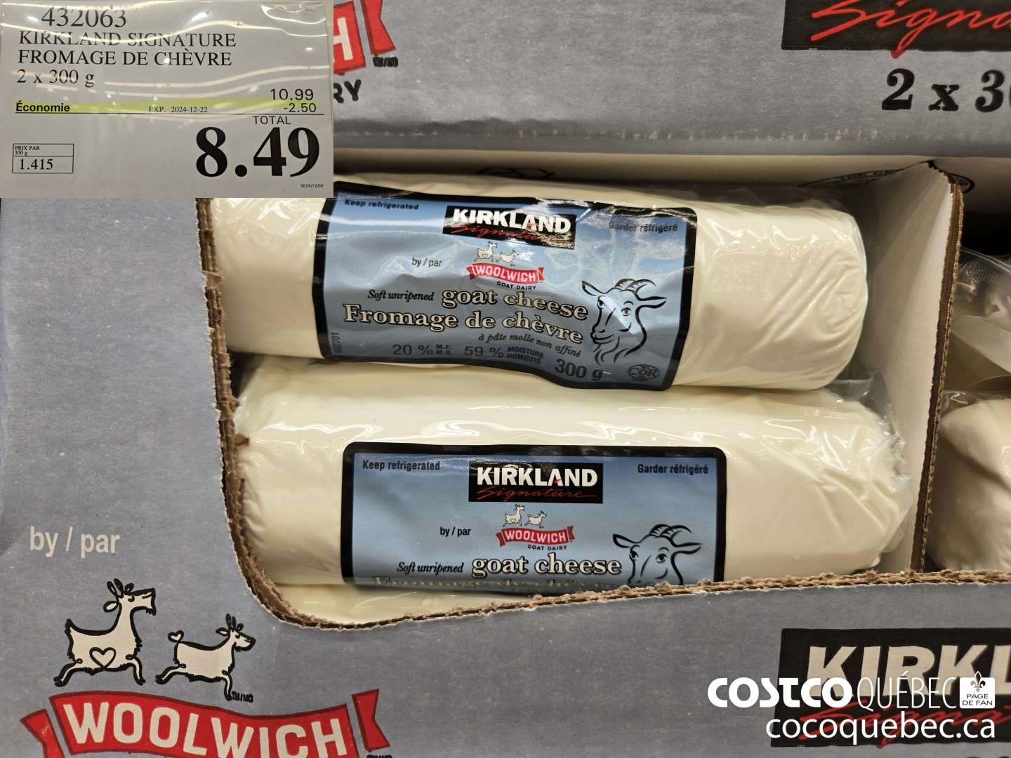 432063 KIRKLAND SIGNATURE FROMAGE DE CHEVRE 2 x 300 99.  ($2.50 INSTANT SAVINGS EXPIRES ON 2024-12-22) $8.49