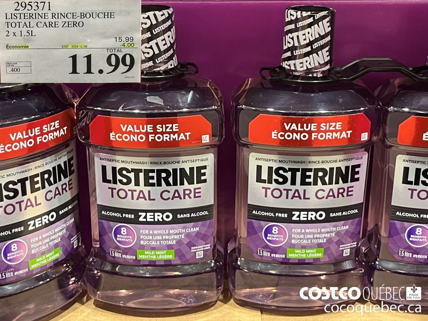 295371 LISTERINE RINCE-BOUCHE TOTAL CARE ZERO ($4.00 INSTANT SAVINGS EXPIRES ON 2024-12-08) $11.99