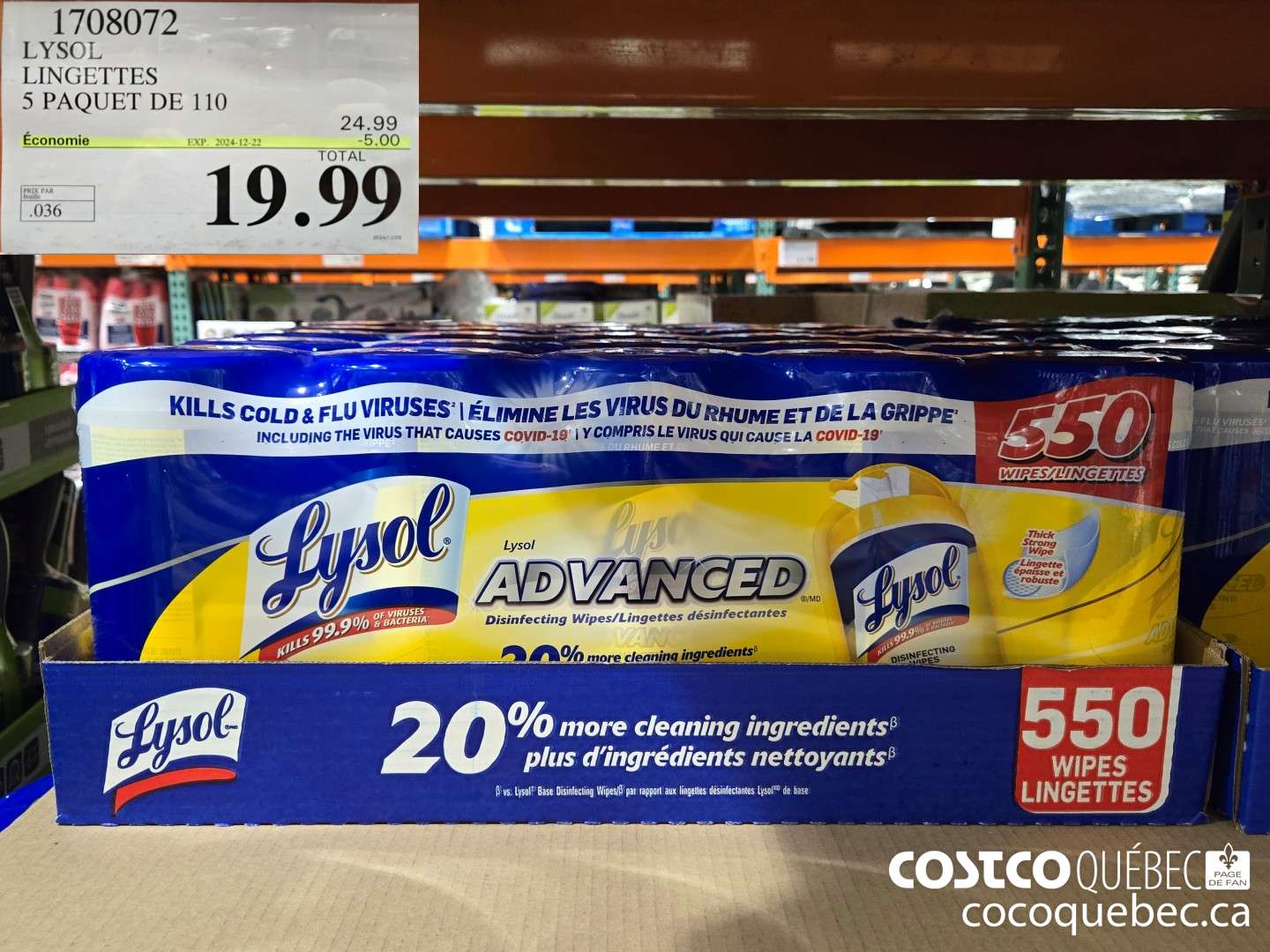 1708072 LYSOL LINGETTES 5 PAQUET DE 110  ($5.00 INSTANT SAVINGS EXPIRES ON 2024-12-22) $19.99