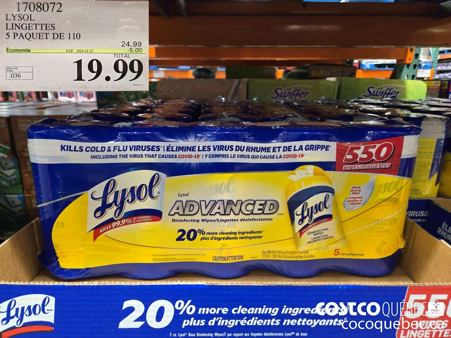 1708072 LYSOL LINGETTES 5 PAQUET DE 110  ($5.00 INSTANT SAVINGS EXPIRES ON 2024-12-22) $19.99