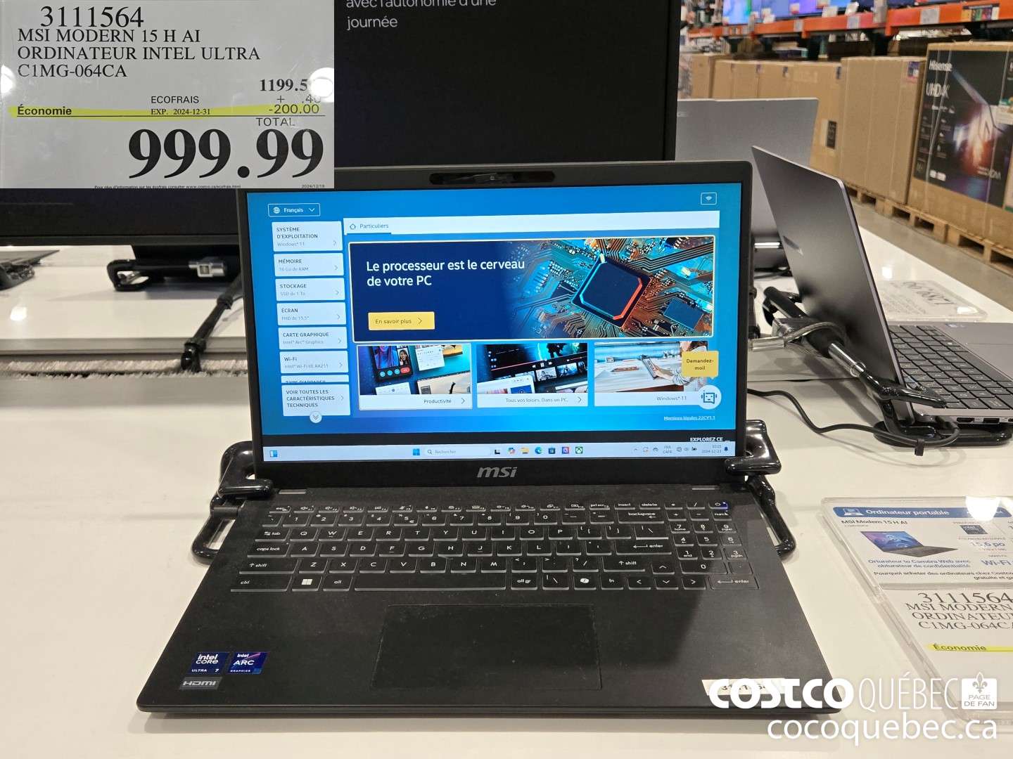 3111564 MSI MODERN 15 H Al ORDINATEUR INTEL ULTRA  ($200.00 INSTANT SAVINGS EXPIRES ON 2024-12-31) $999.99