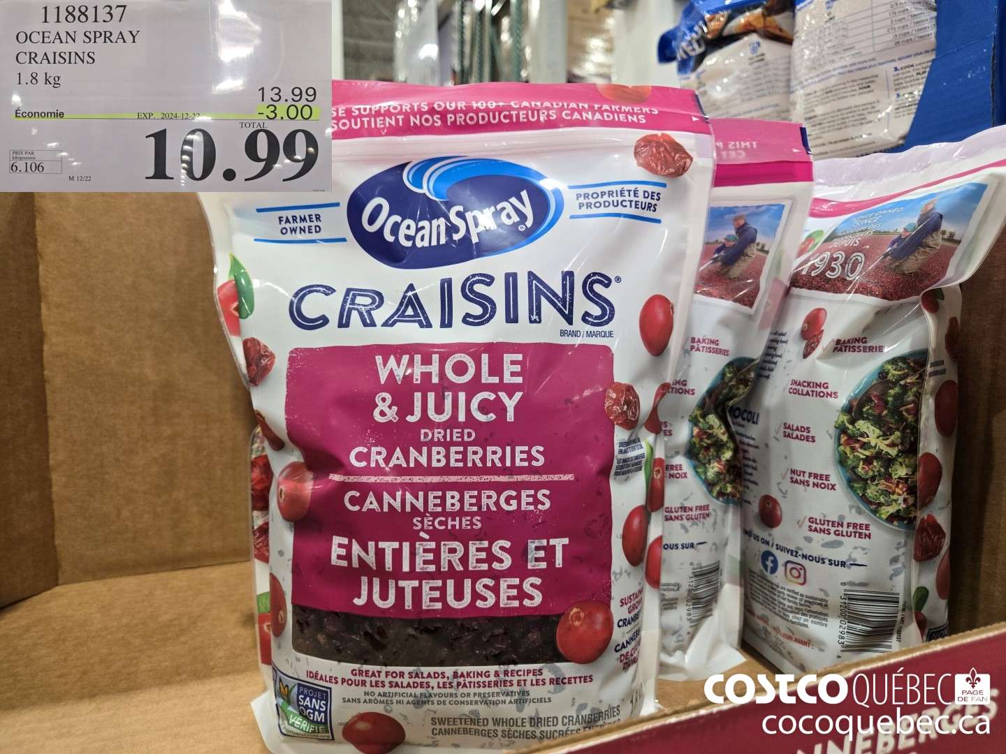 1188137 OCEAN SPRAY CRAISINS 1.8 kg  22023-05-28 ($3.00 INSTANT SAVINGS EXPIRES ON 2024-12-22) $10.99