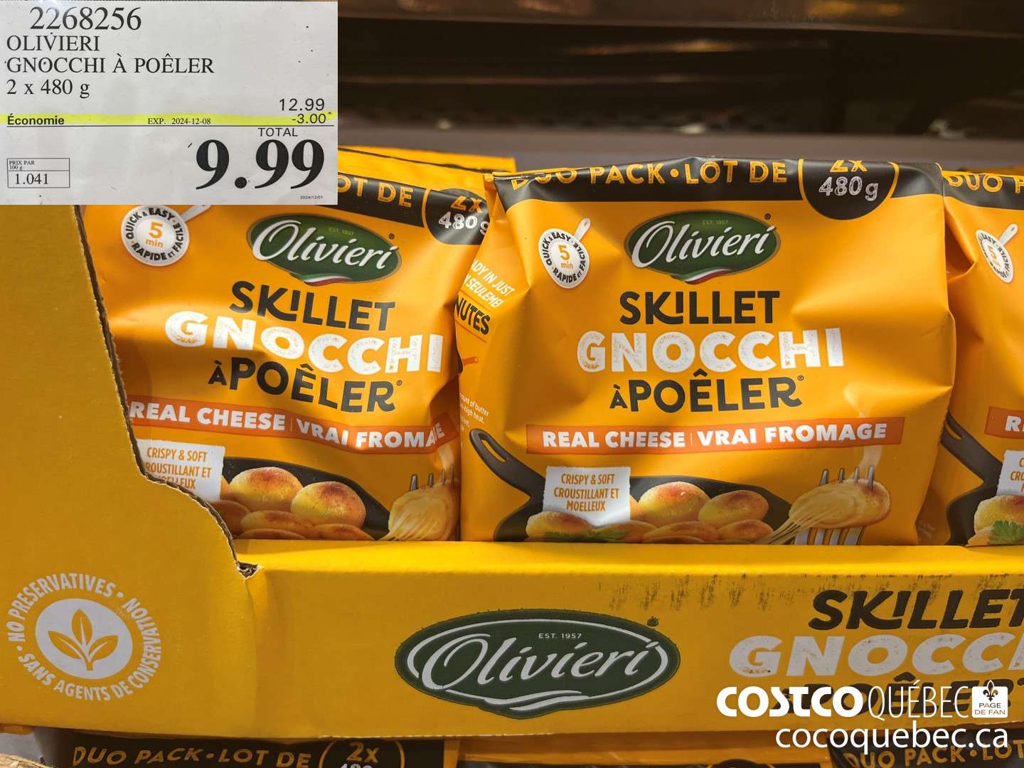 2268256 OLIVIERI GNOCCHI A POELER 2 x 480 g 12.99. TOTAL 1.041 ). J J  ($3.00 INSTANT SAVINGS EXPIRES ON 2024-12-08) $9.99