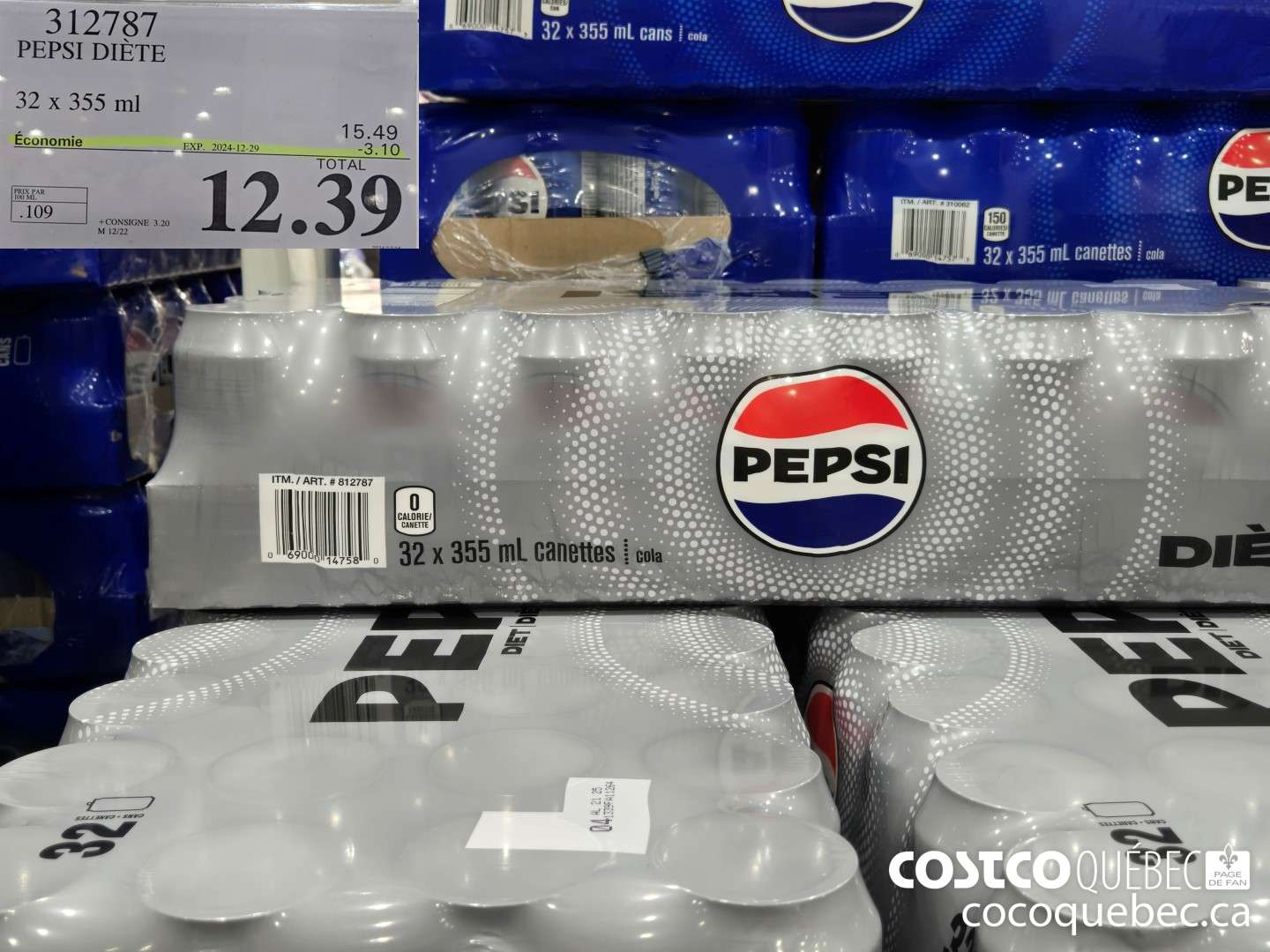 312787 PEPSI DIETE 32 x 355 ml  ($3.10 INSTANT SAVINGS EXPIRES ON 2024-12-29) $12.39