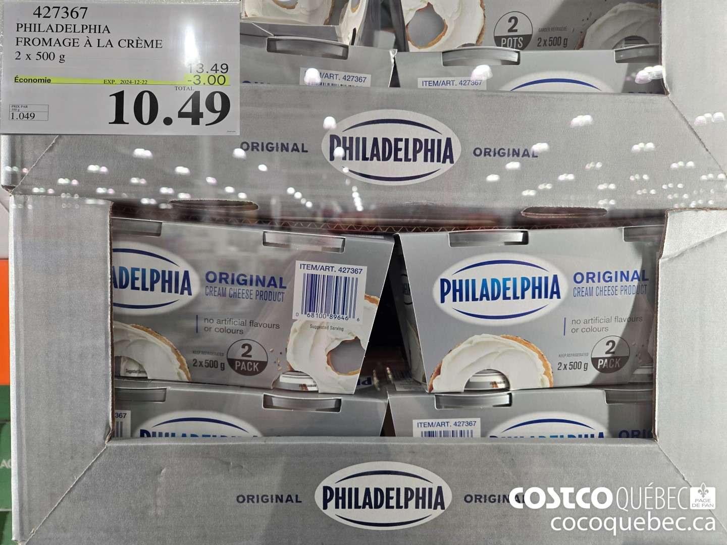 4277367 PHILADELPHIA FROMAGE A LA CREME 2 x 500 g  ($3.00 INSTANT SAVINGS EXPIRES ON 2024-12-22) $10.49