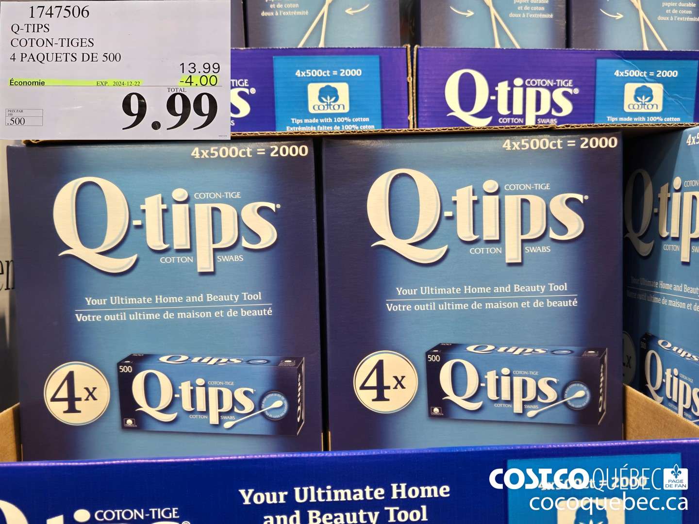 1747506 Q-TIPS COTON-TIGES 4 PAQUETS DE 500 9,99  ($4.00 INSTANT SAVINGS EXPIRES ON 2024-12-22)