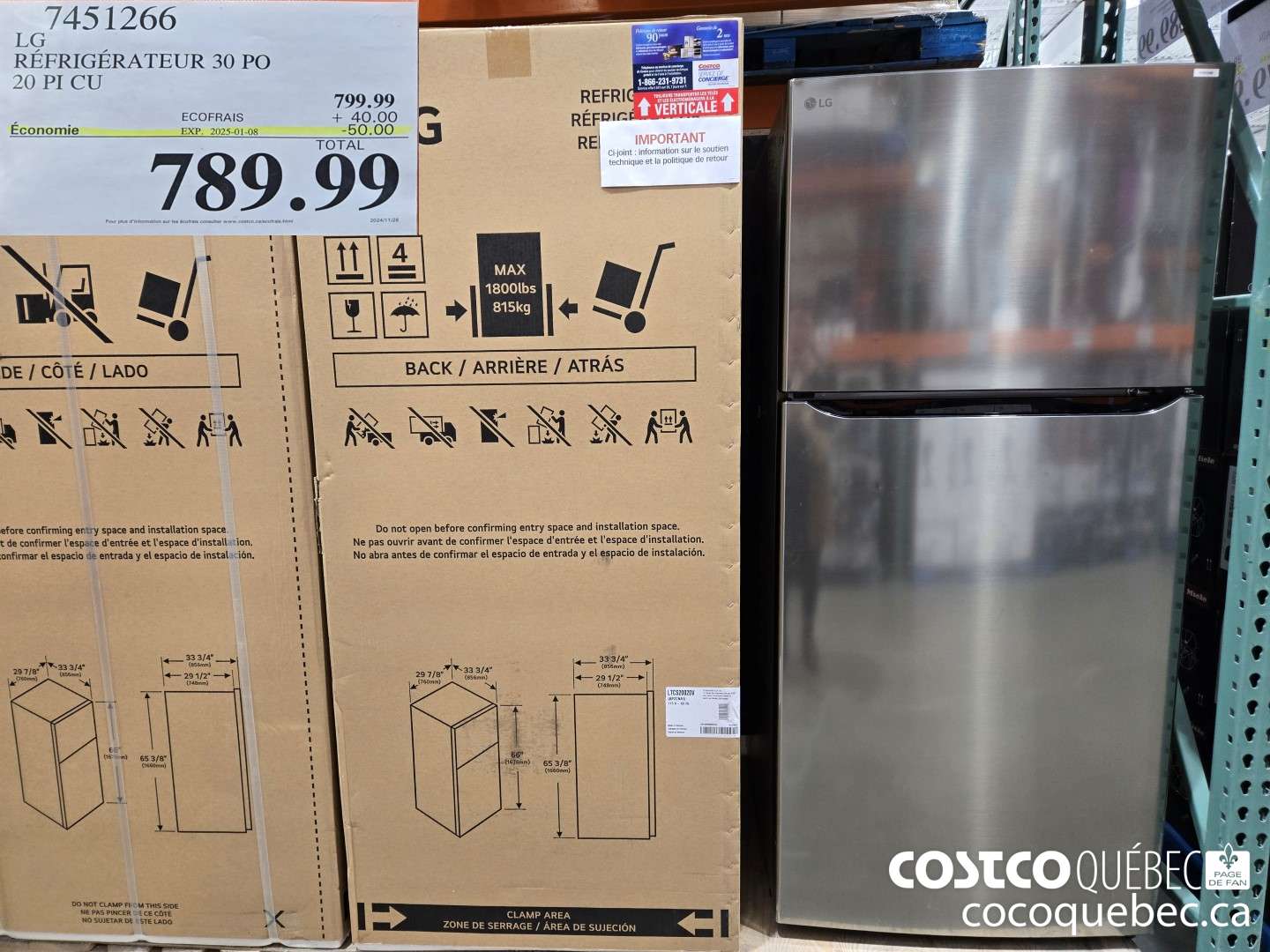 745126 REFRIGERATEUR 30 PO 20 PI CU  ($50.00 INSTANT SAVINGS EXPIRES ON 2025-01-08) $789.99