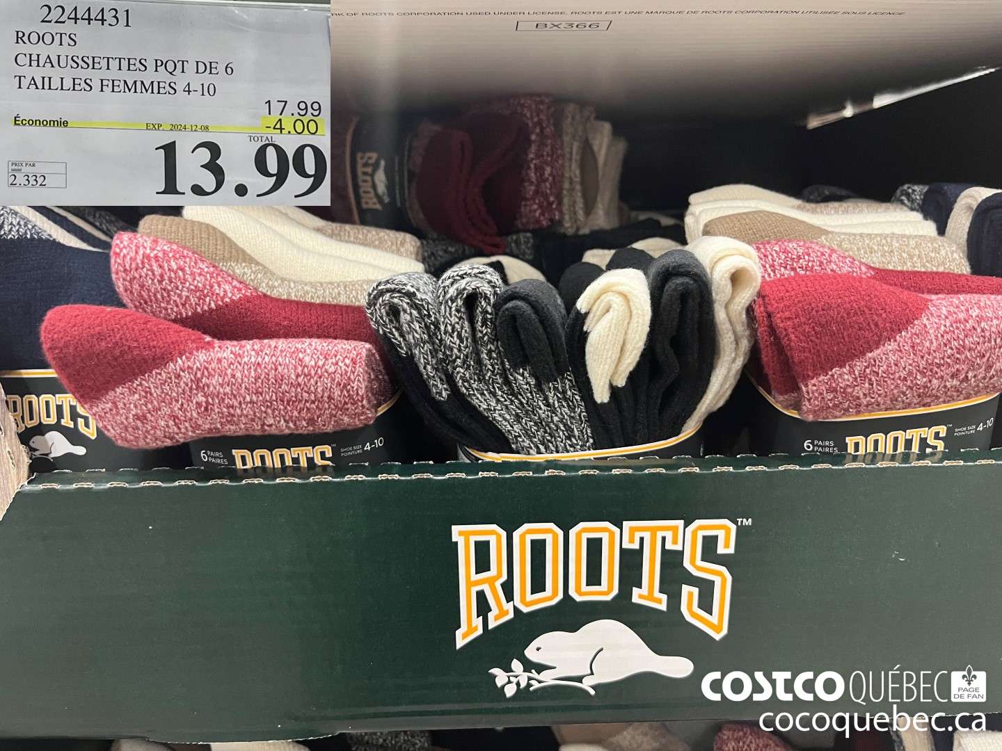 2244431 ROOTS CHAUSSETTES PQT DE 6 TAILLES FEMMES 4-10  ($4.00 INSTANT SAVINGS EXPIRES ON 2024-12-08) $13.99