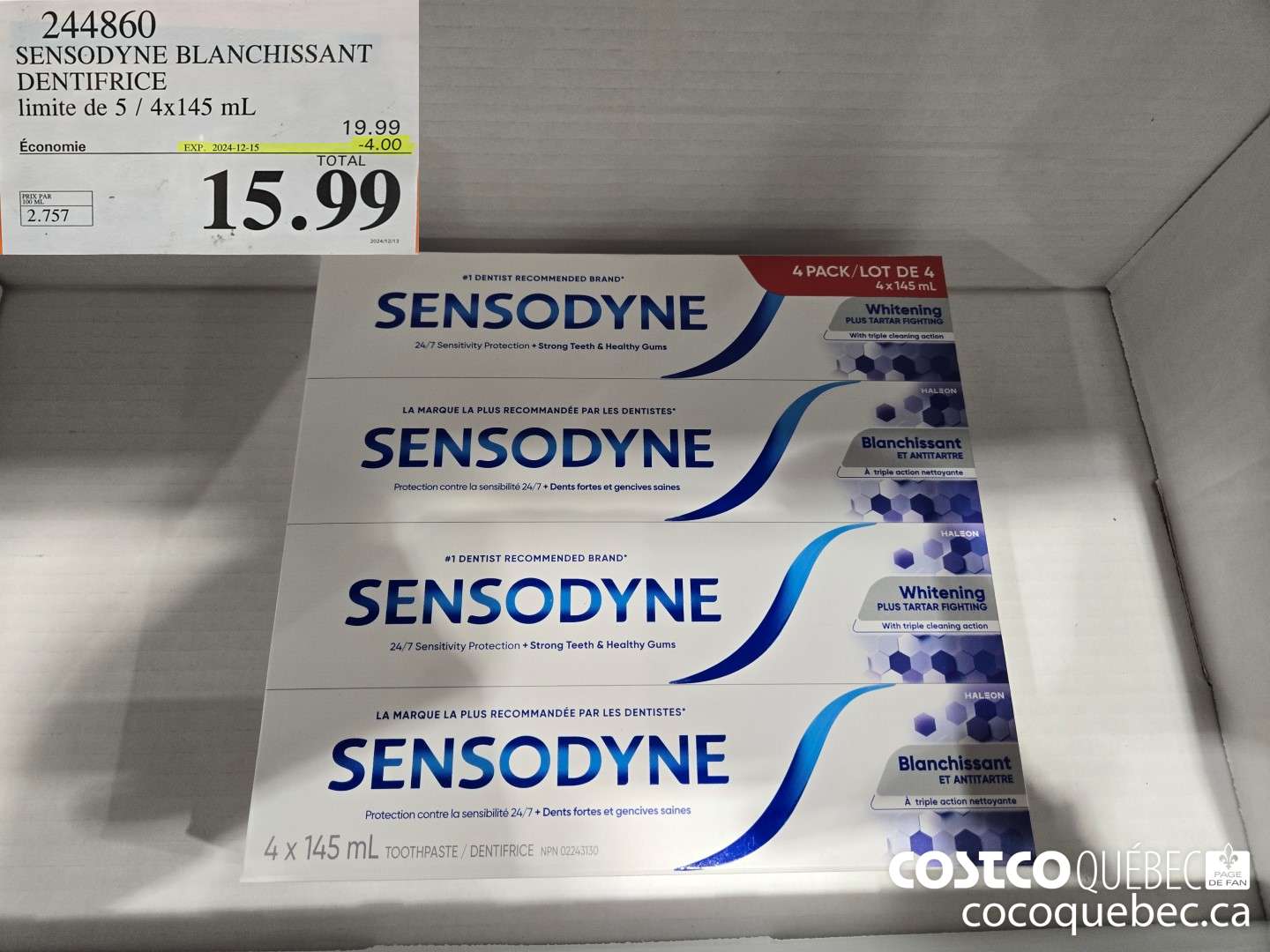 244860 SENSODYNE BLANCHISSANT DENTIFRICE  ($4.00 INSTANT SAVINGS EXPIRES ON 2024-12-15) $15.99