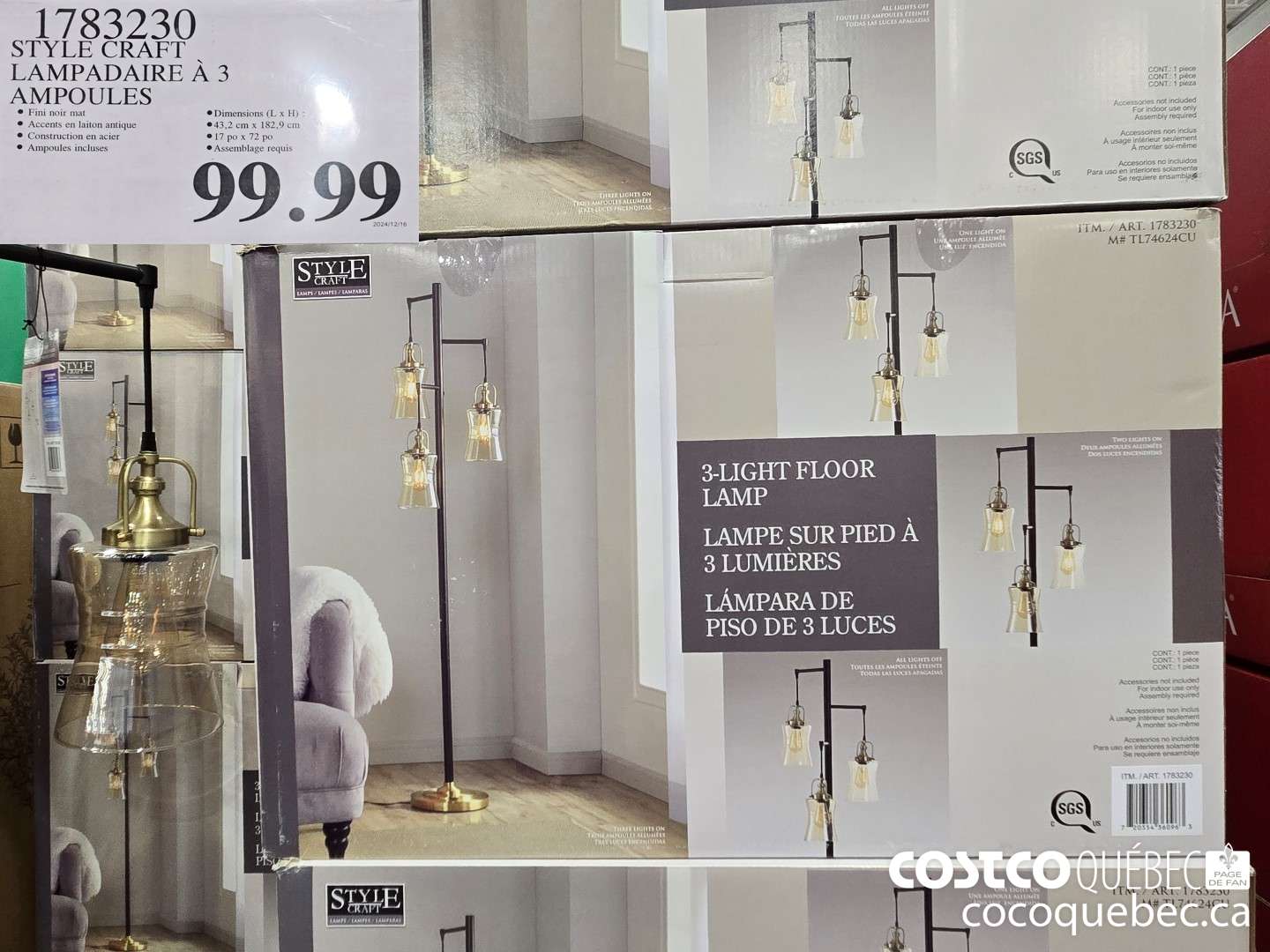 17383230 STYLE CRAFT LAMPADAIRE A 3 AMPOULES  $99.99