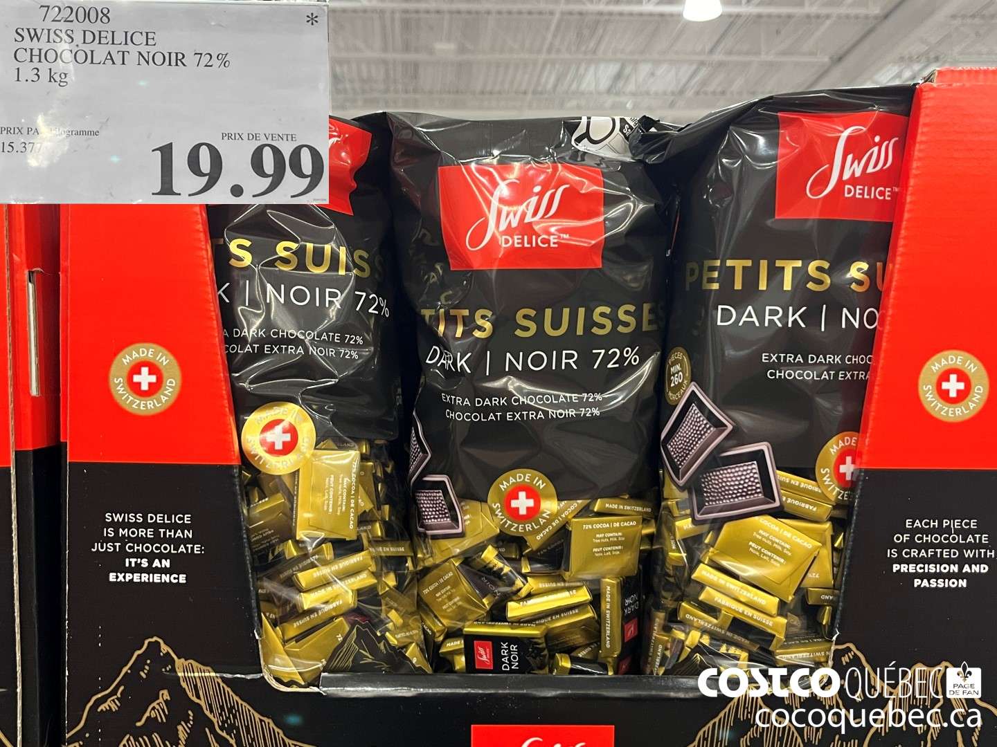 722008 SWISS DELICE CHOCOLAT NOIR 72% 1.3 KG $19.99