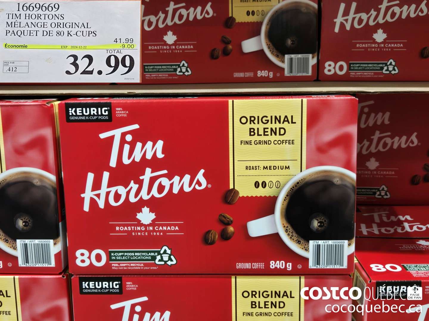 1669669 TIM HORTONS ; MELANGE ORIGINAL DE 80 K-CUPS ($9.00 INSTANT SAVINGS EXPIRES ON 2024-12-22) $32.99