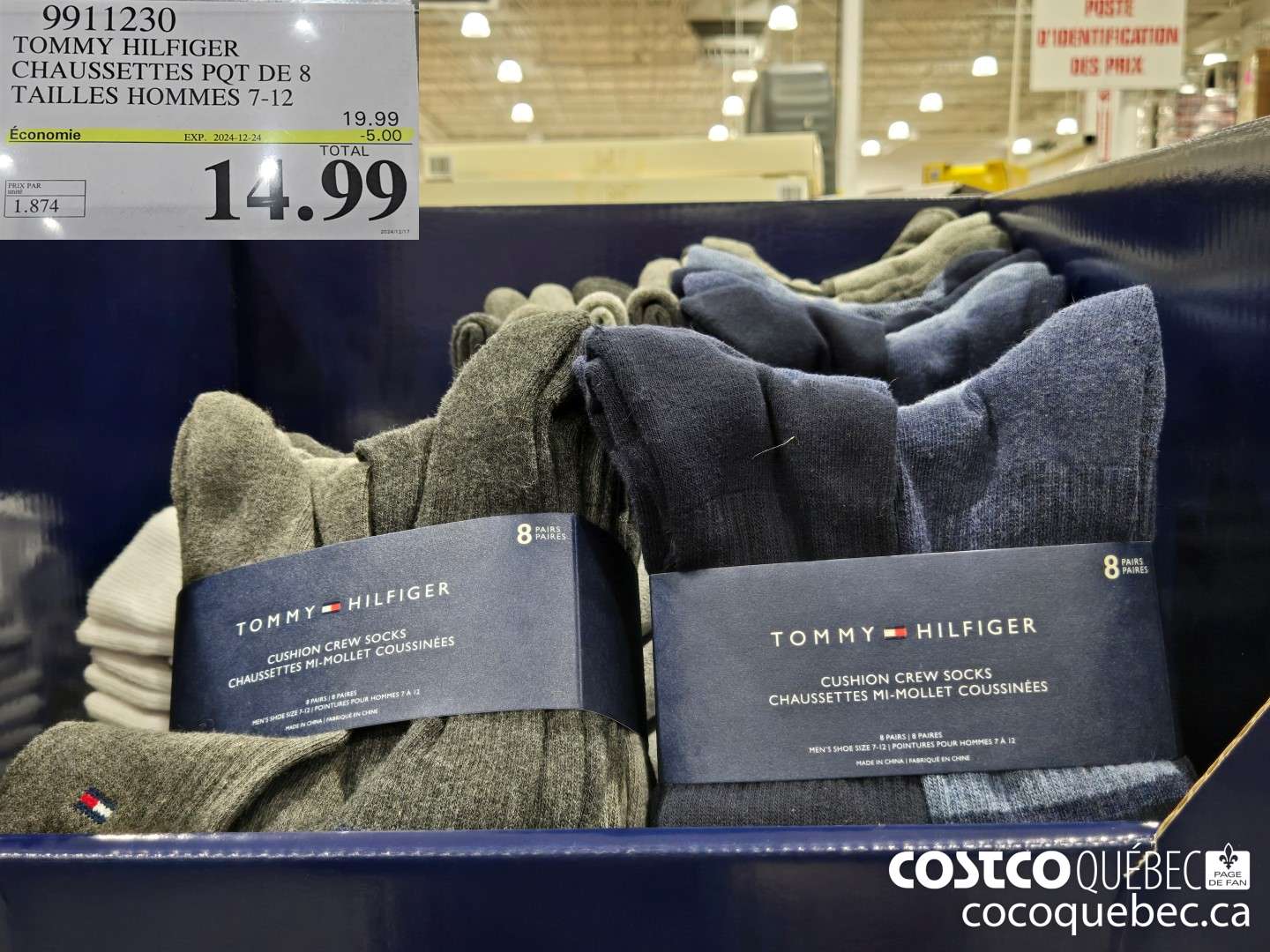9911230 TOMMY HiLFIGER CHAUSSETTES PQT DE 8 TAILLES HOMMES 7-12  ($5.00 INSTANT SAVINGS EXPIRES ON 2024-12-24) $14.99