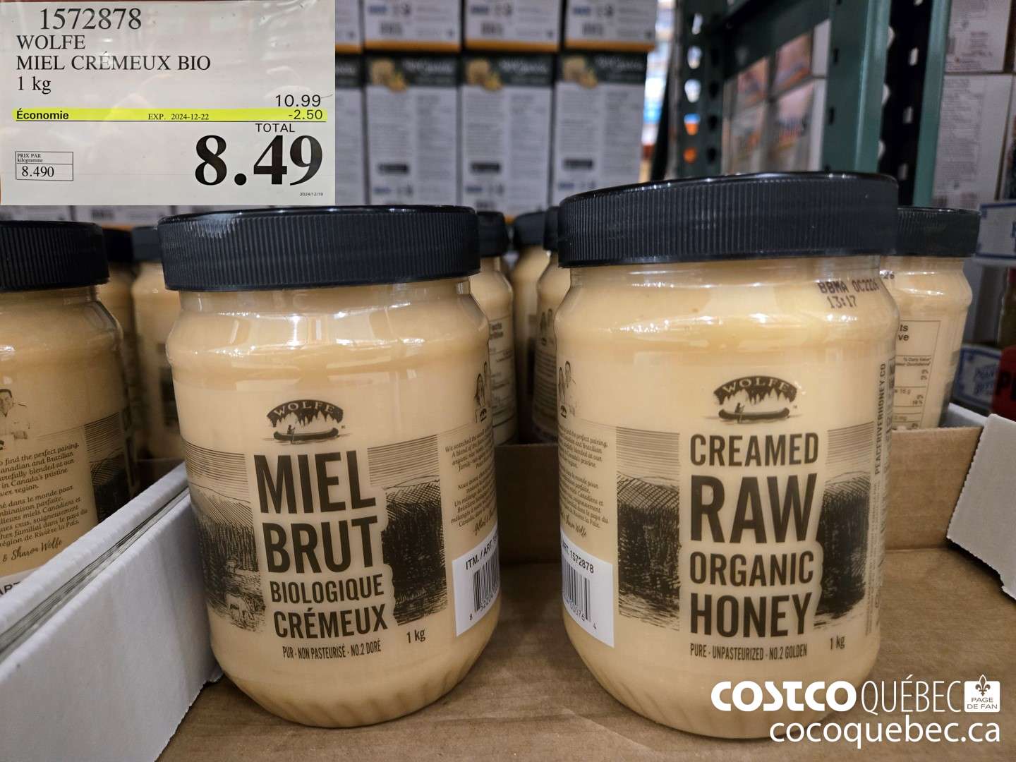 1572878 WOLFE MIEL CREMEUX BIO 1 kg Biologique PRIX PAR kilogramme  2.50 OF (EXPIRES ON 2024-12-22) $8.49