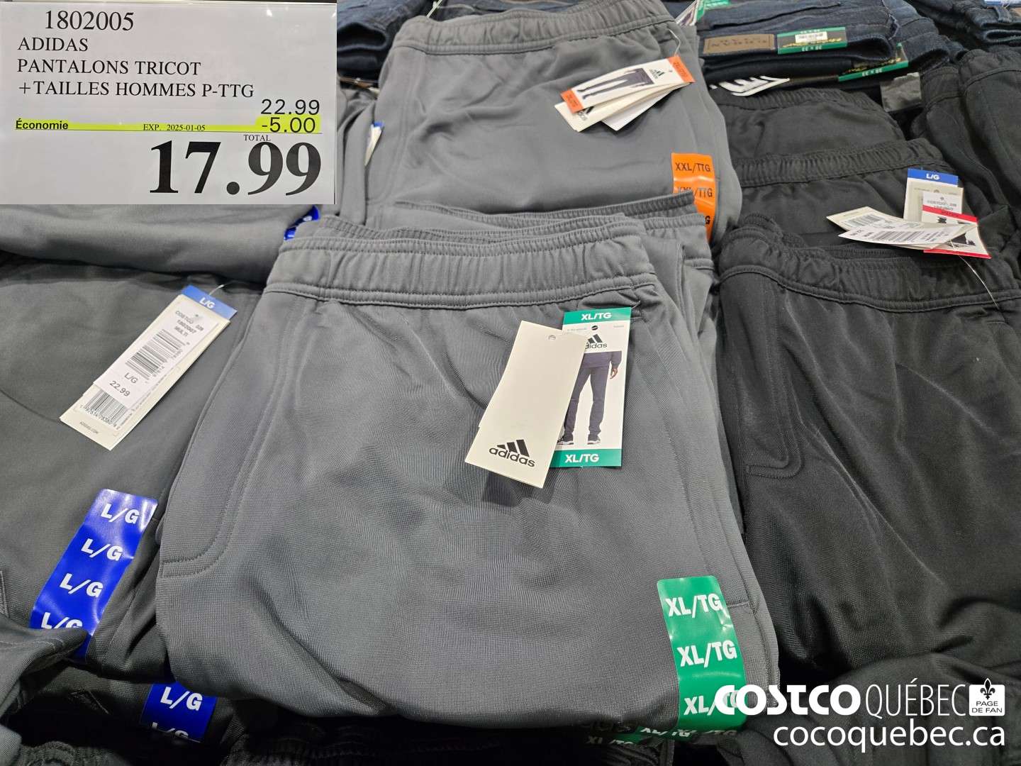 1802005 ADIDAS PANTALONS TRICOT TAILLES HOMMES P- TTG  ($5.00 INSTANT SAVINGS EXPIRES ON 2025-01-05) $17.99