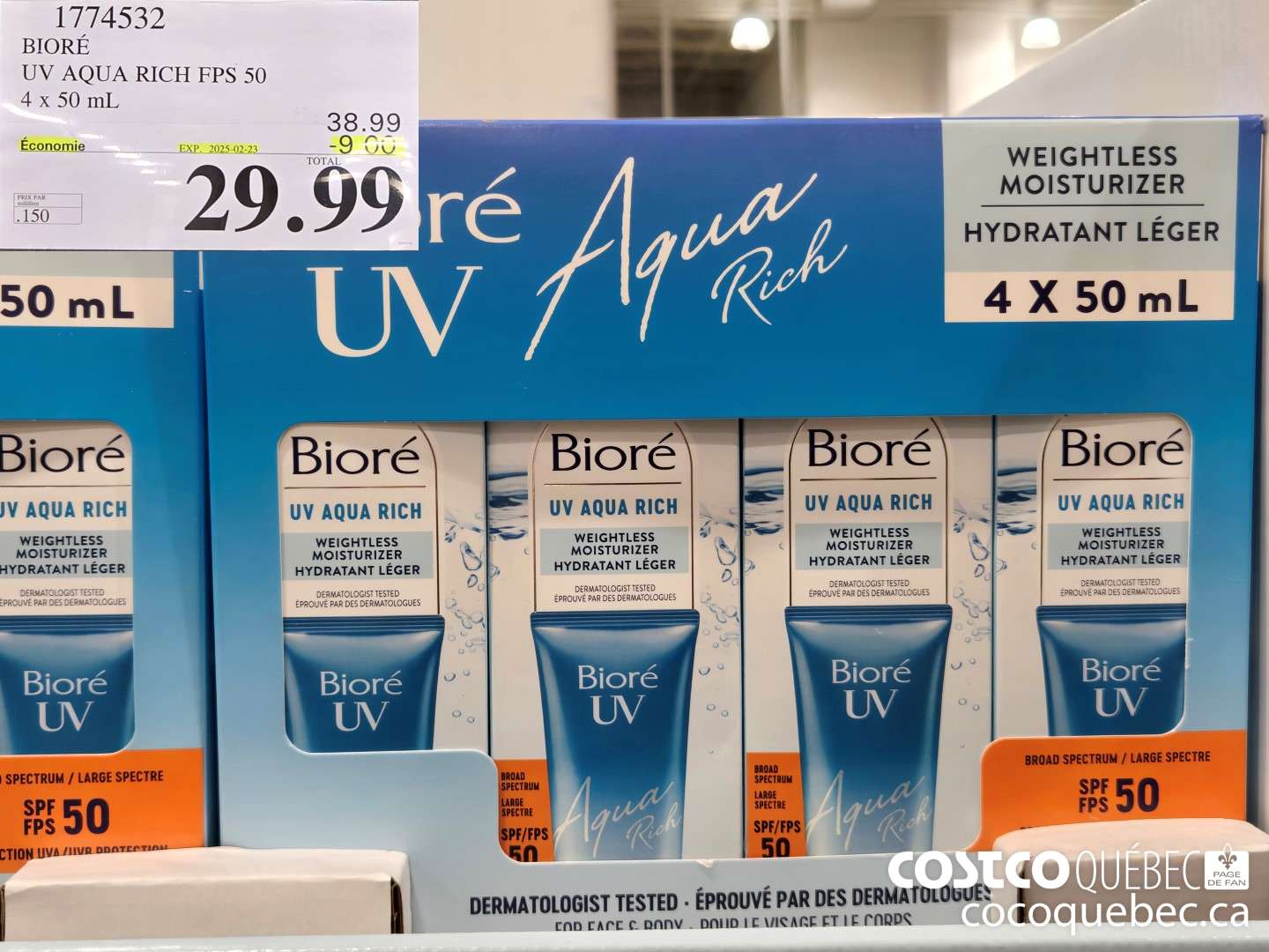 1774532 BIORE UV AQUA RICH FPS 50 4x 50 mL  ($9.00 INSTANT SAVINGS EXPIRES ON 2025-02-23) $29.99