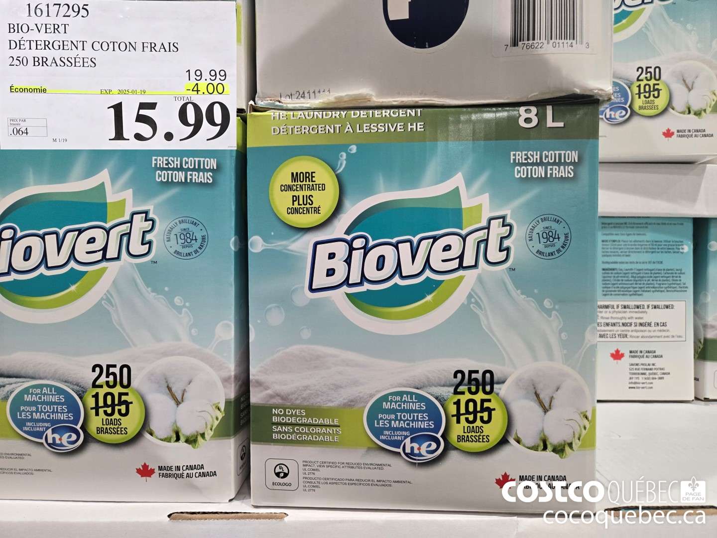 1617295 BIO-VERT DETERGENT COTON FRAIS 250 BRASSEES  ($5.00 INSTANT SAVINGS EXPIRES ON 2025-01-19) $15.99