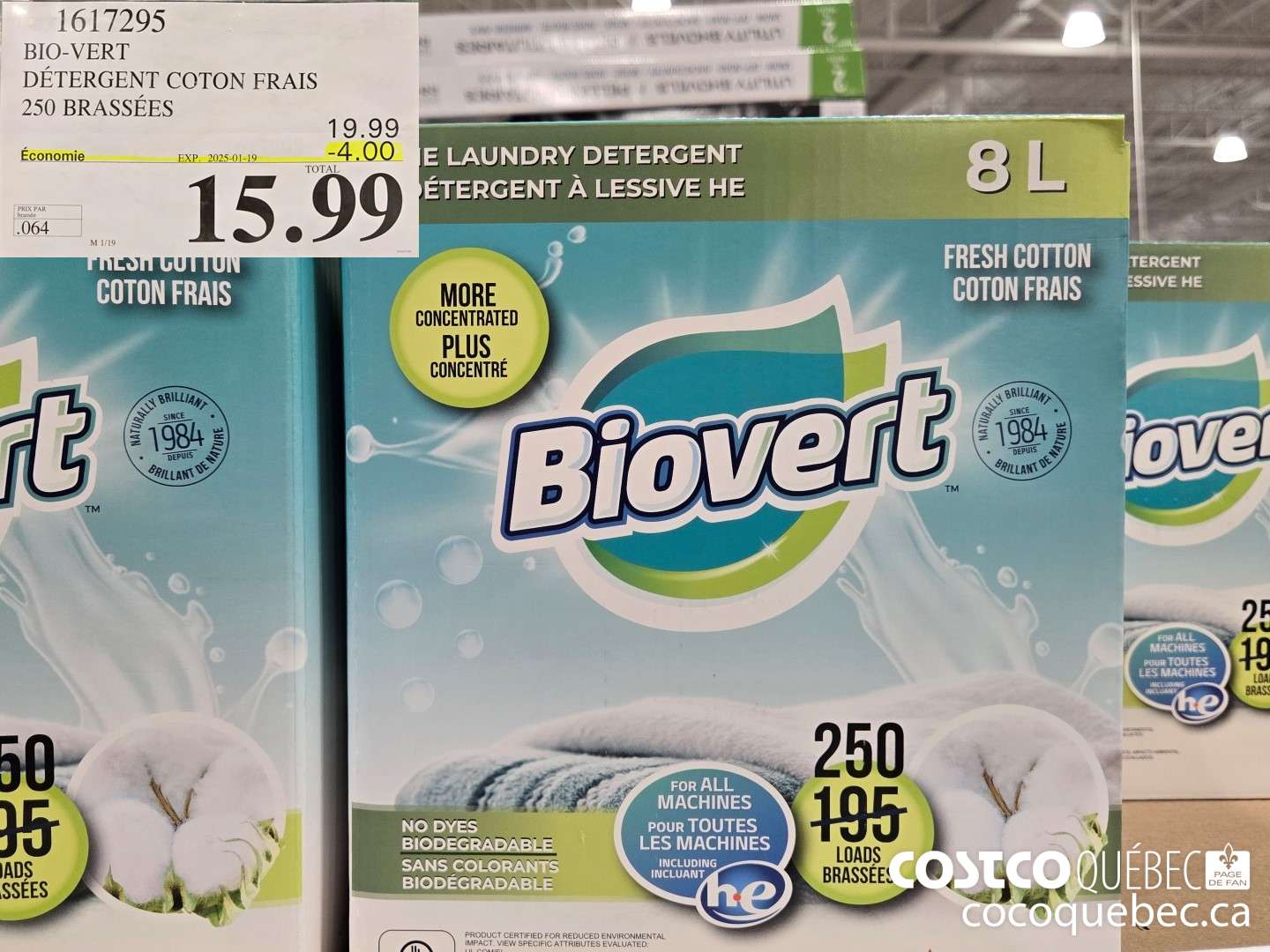 1617295 BIO-VERT DETERGENT COTON FRAIS 250 BRASSEES  ($5.00 INSTANT SAVINGS EXPIRES ON 2025-01-19) $15.99