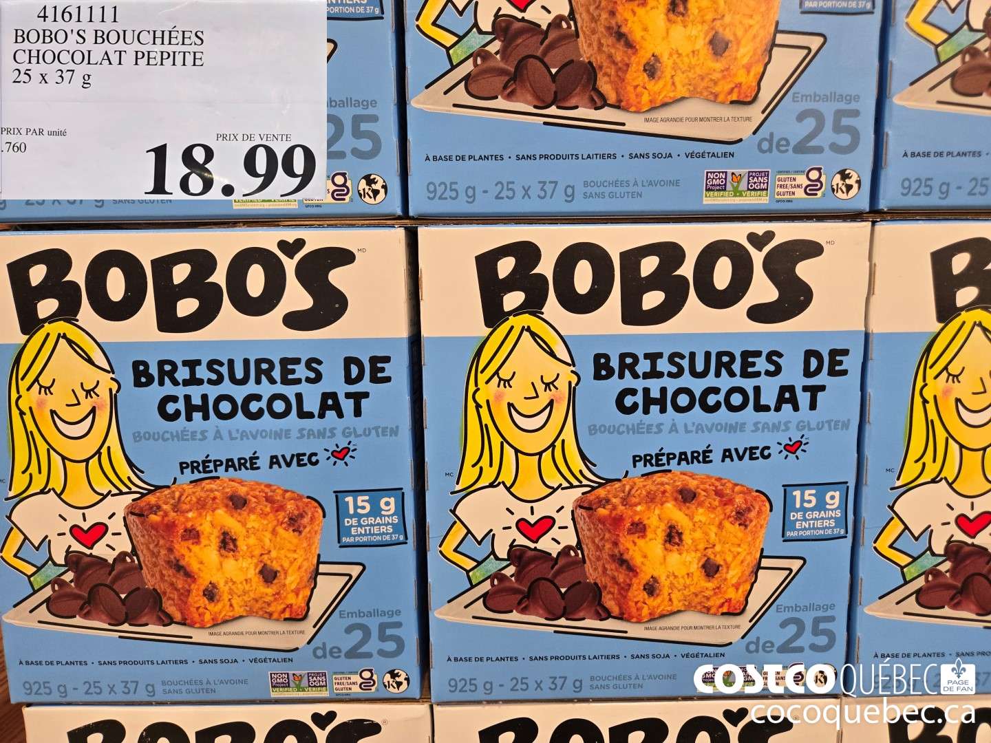 4161111 BOBO'S BOUCHEES CHOCOLAT PEPITE 25X37G  $18.99