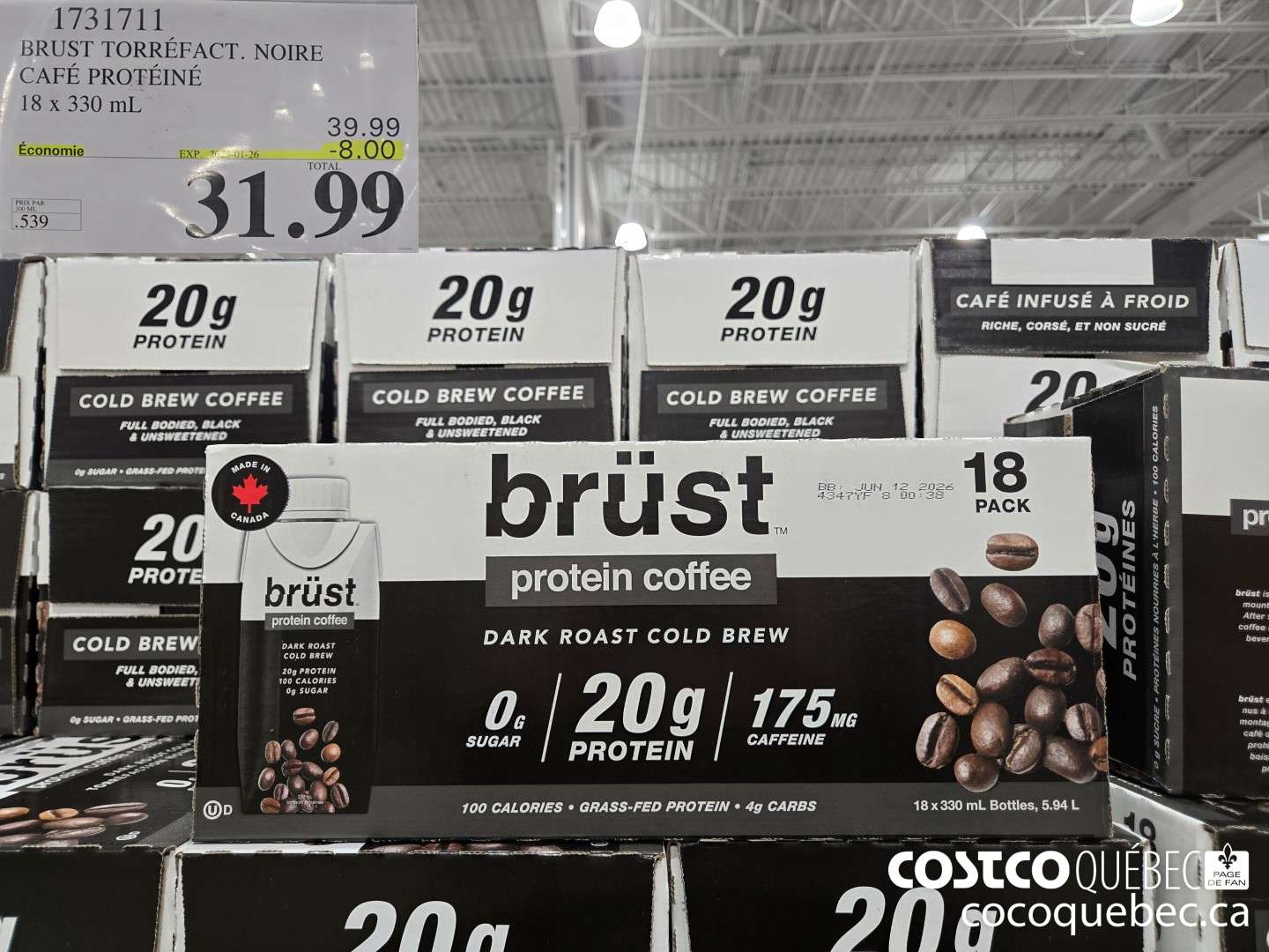 1731711 BRUST TORREFACT. NOIRE CAFE PROTEINE 18 x 330 mL  ($8.00 INSTANT SAVINGS EXPIRES ON 2025-01-26) $31.99