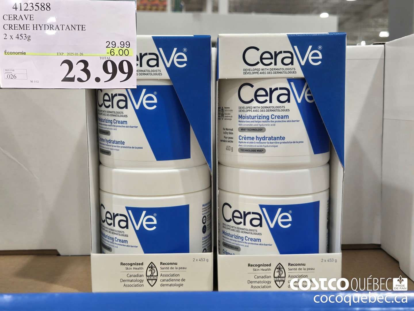 4123588 CERAVE CREME HYDRATANTE 2 x 453g ($6.00 INSTANT SAVINGS EXPIRES ON 2025-01-26) $23.99