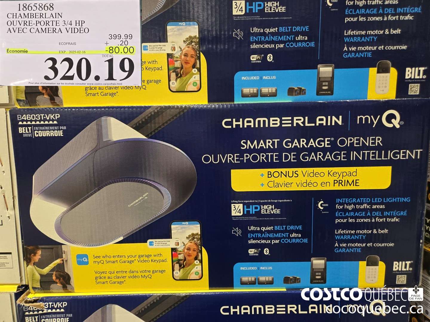 1865868 CHAMBERLAIN OUVRE-PORTE 3/4 HP AVEC CAMERA VIDEO  ($80.00 INSTANT SAVINGS EXPIRES ON 2025-02-16) $320.19