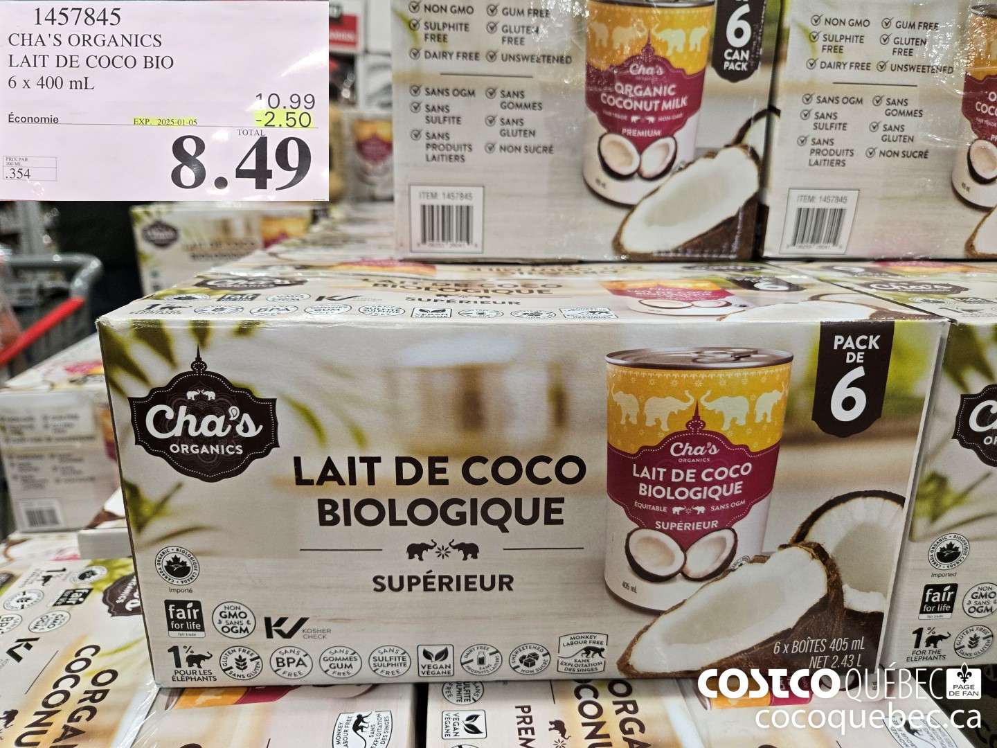 1457845 CHA'S ORGANICS LAIT DE COCO BIO 6x 400 mL ($2.50 INSTANT SAVINGS EXPIRES ON 2025-01-05) $8.49