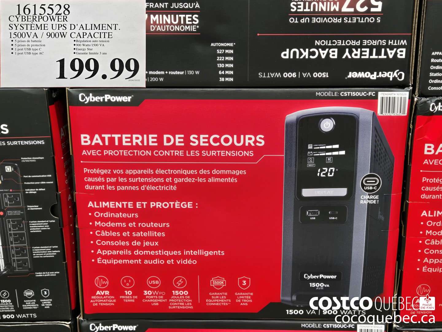 1615528 CYBERPOWER SYSTEME UPS D'ALIMENT 1500VA / 900W CAPACITE  $19.99