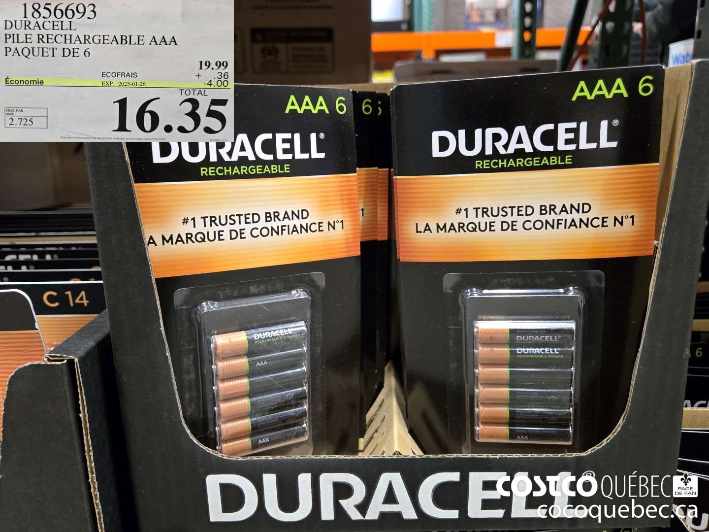 1856693 DURACELL PILE RECHARGEABLE AAA PAQUET DE 6  ($4.00 INSTANT SAVINGS EXPIRES ON 2025-01-26) $16.35