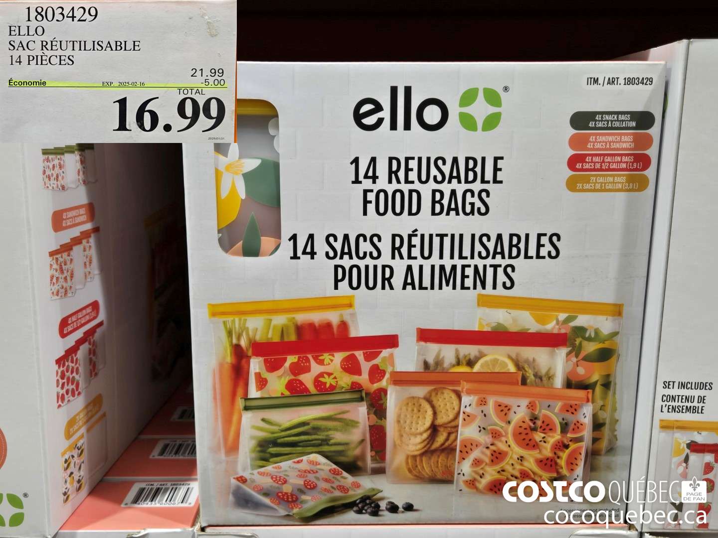 1803429 ELLO SAC REUTILISABLE 14 PIECES  ($5.00 INSTANT SAVINGS EXPIRES ON 2025-02-16) $16.99