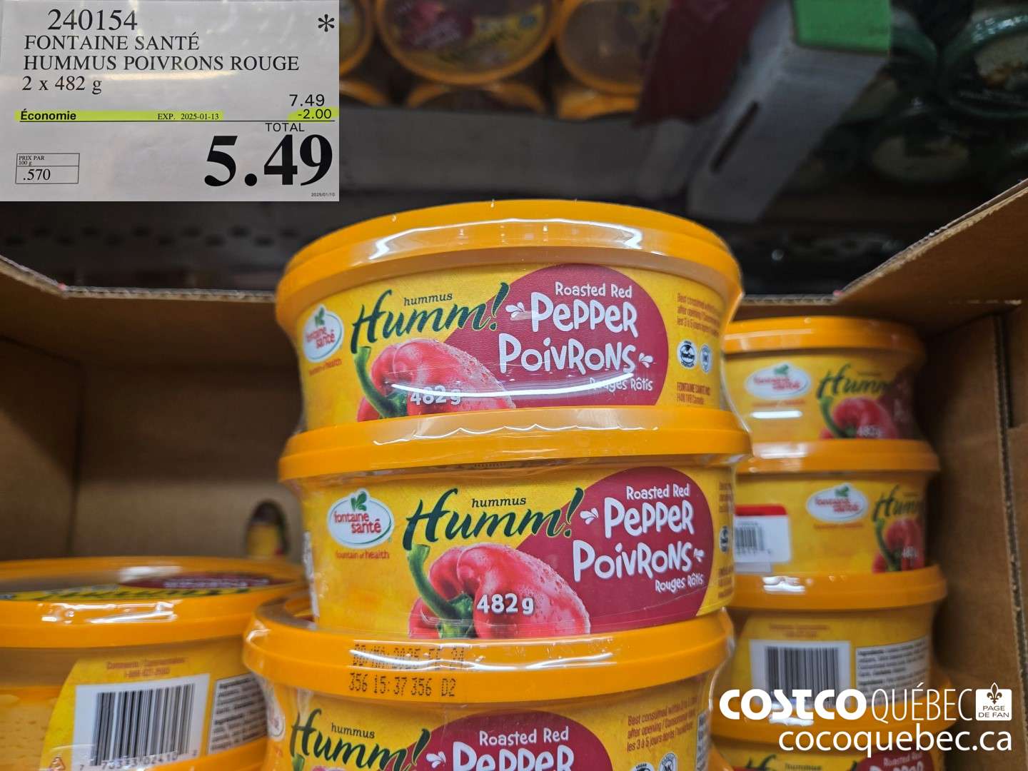 240154 FONTAINE SANTE HUMMUS POIVRONS ROUGE 2 x 482 G ($2.00 INSTANT SAVINGS EXPIRES ON 2025-01-13) $5.49