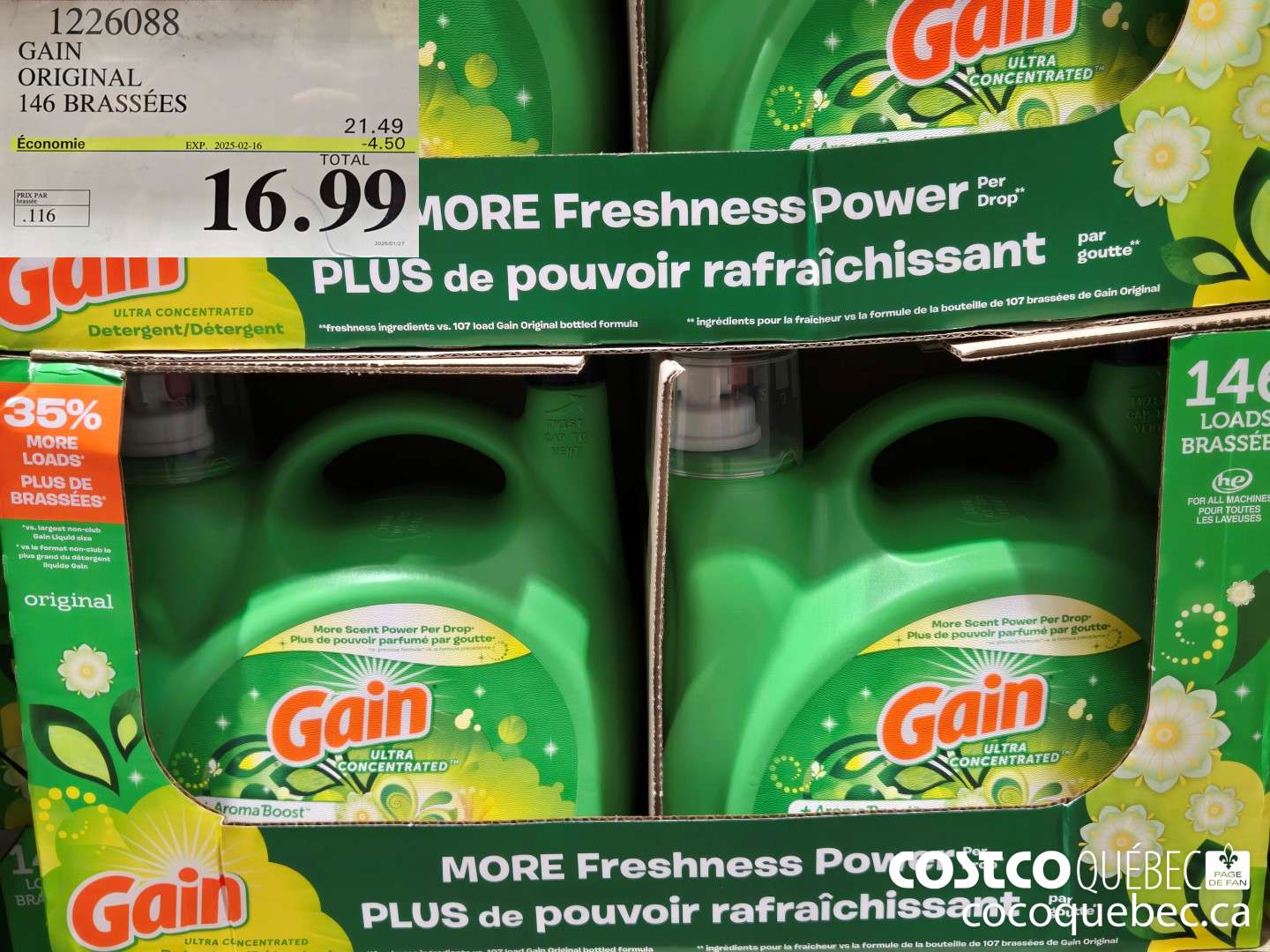1226088 GAIN, HE DETERGENT LIQUIDE 146 brassees ($4.50 INSTANT SAVINGS EXPIRES ON 2025-02-16) $16.99