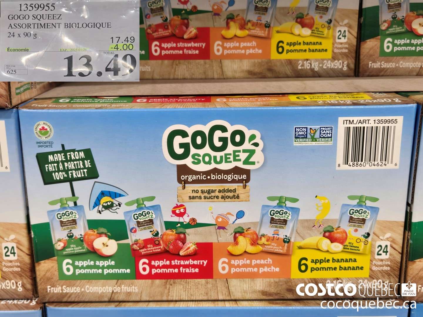 1359955 GOGO SQUEEZ ASSORTIMENT BIOLOGIQUE 24 x 90 g  ($4.00 INSTANT SAVINGS EXPIRES ON 2025-01-26) $13.49