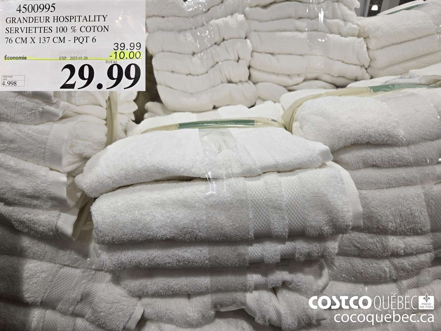 4500995 GRANDEUR HOSPITALITY SERVIETTES 100 % COTON 76 CM X 137 CM - PQT 6 ($10.00 INSTANT SAVINGS EXPIRES ON 2025-01-26) $29.99