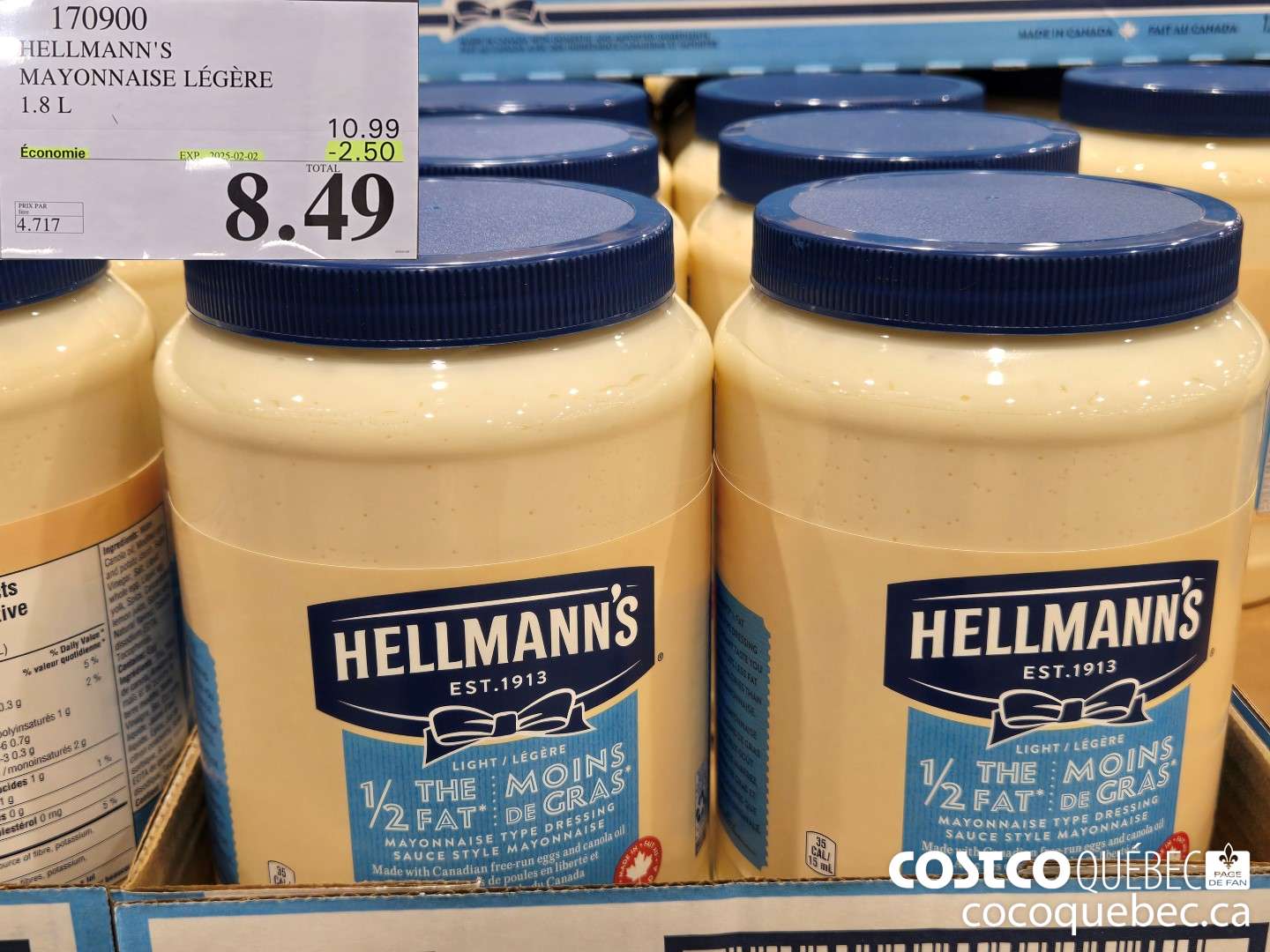 170900 HELLMANN'S MAYONNAISE LEGERE 1.8 L ($2.50 INSTANT SAVINGS EXPIRES ON 2025-02-02) $8.49