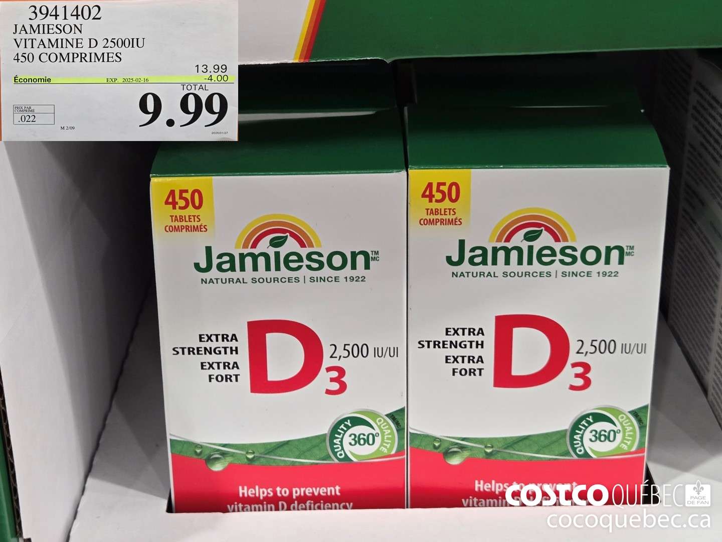 3941402 JAMIESON VITAMINE D 25001U 450 COMPRIMES  ($4.00 INSTANT SAVINGS EXPIRES ON 2025-02-16) $9.99
