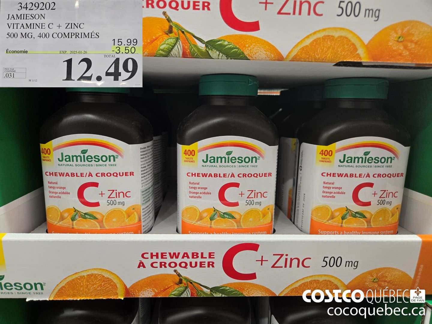 3429202 JAMIESON - VITAMINE C+ZINC 500MG | 400 COMPRIMES ($3.50 INSTANT SAVINGS EXPIRES ON 2025-01-26) $12.49