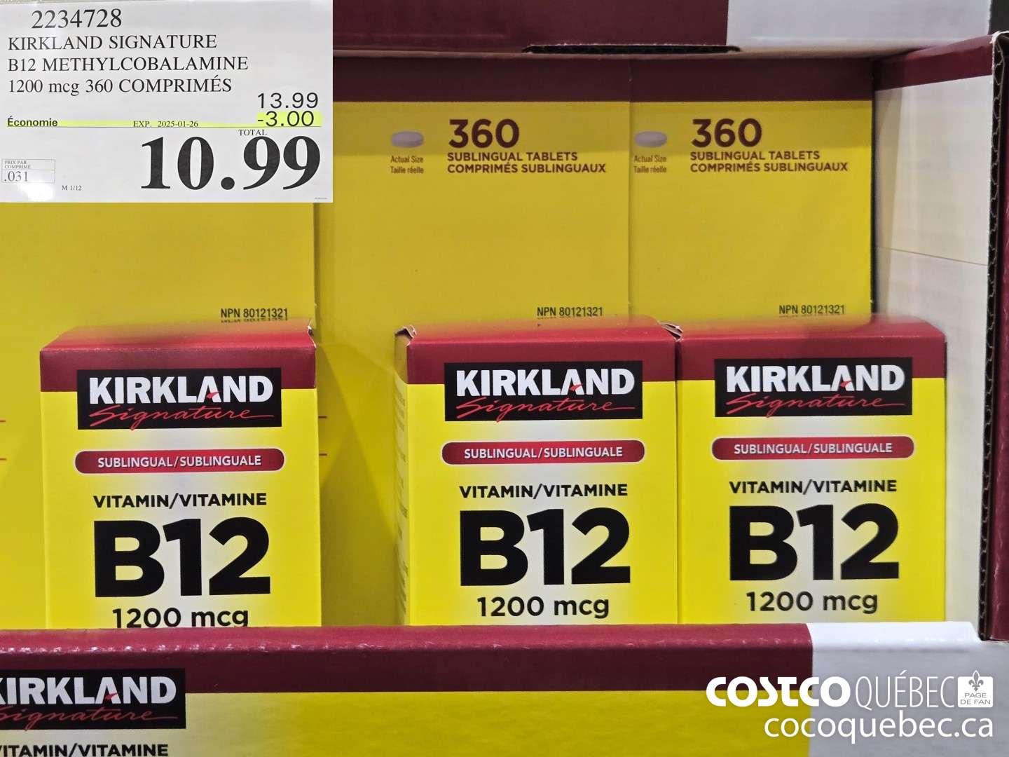 2234728 KIRKLAND SIGNATURE B12 METHYLCOBALAMINE 1200 mcg. 360 COMPRIMES  ($3.00 INSTANT SAVINGS EXPIRES ON 2025-01-26) $10.99