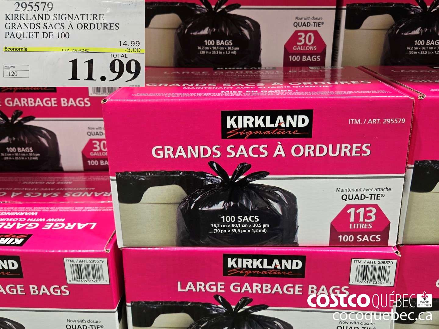 295579 KIRKLAND SIGNATURE GRANDS SACS A ORDURES PAQUET DE 100 ($3.00 INSTANT SAVINGS EXPIRES ON 2025-02-02) $11.99